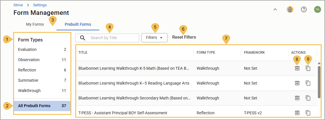Overview of form management with prebuilt forms and their types listed.